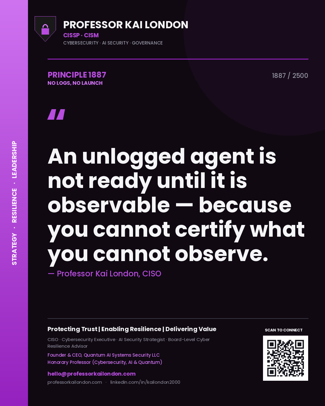 Professor Kai London principle 1887: An unlogged agent is not ready until it is observable — because you cannot certify what you cannot observe.