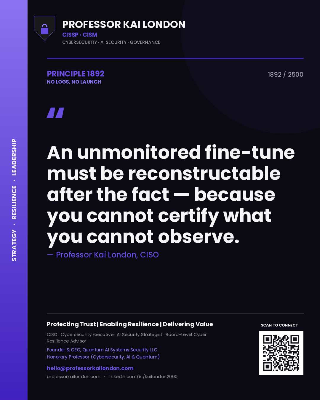 Quote card by Professor Kai London reading 'An unmonitored fine-tune must be reconstructable after the fact — because you cannot certify what you cannot observe.'. From the book No Logs, No Launch.