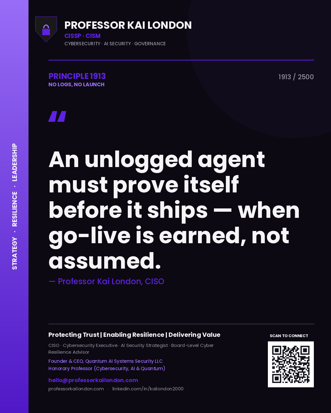 Professor Kai London principle 1913: An unlogged agent must prove itself before it ships — when go-live is earned, not assumed.