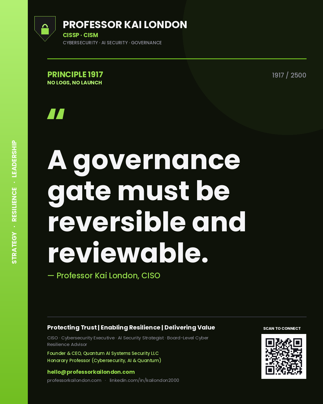 Professor Kai London principle 1917: A governance gate must be reversible and reviewable.