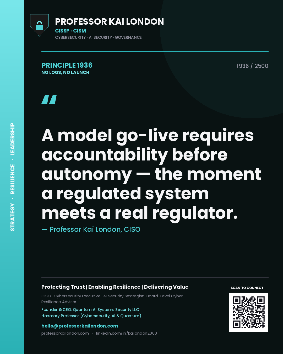 Quote card by Professor Kai London reading 'A model go-live requires accountability before autonomy — the moment a regulated system meets a real regulator.'. From the book No Logs, No Launch.
