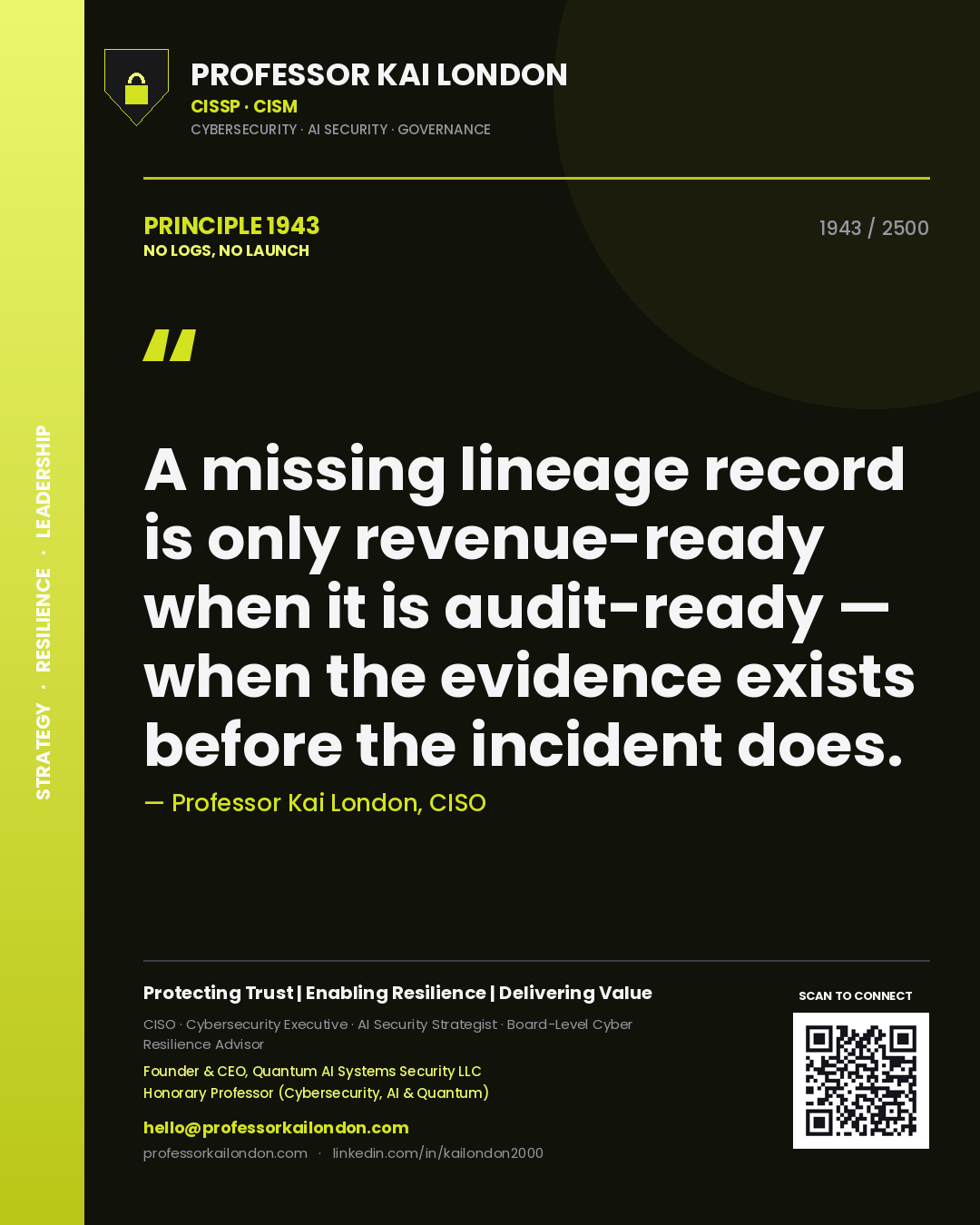 Quote card by Professor Kai London reading 'A missing lineage record is only revenue-ready when it is audit-ready — when the evidence exists before the incident does.'. From the book No Logs, No Launch.