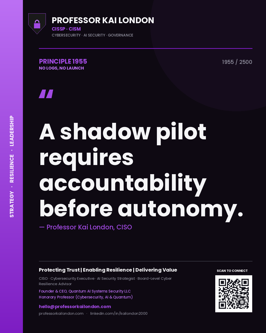 Quote card by Professor Kai London reading 'A shadow pilot requires accountability before autonomy.'. From the book No Logs, No Launch.