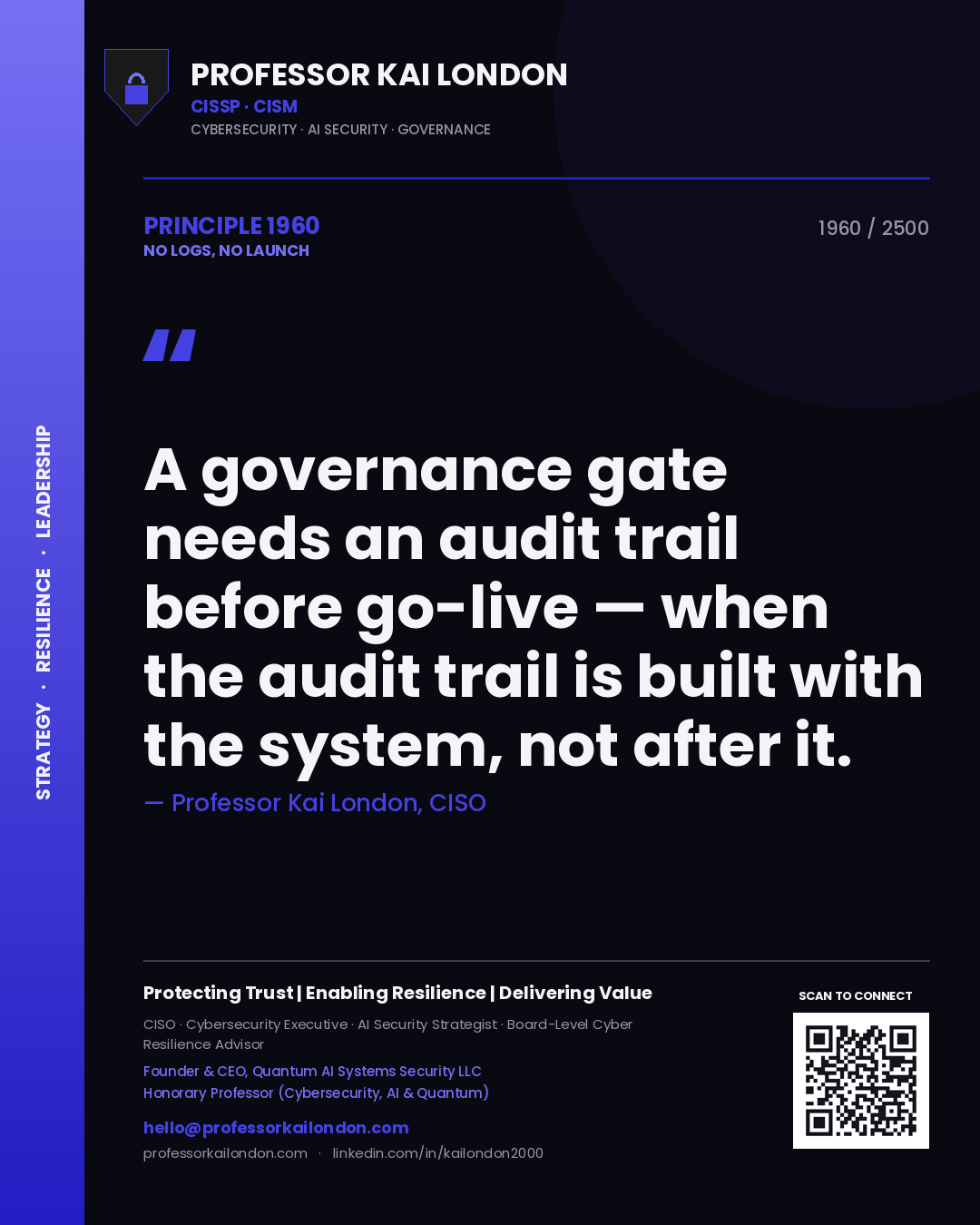 Professor Kai London principle 1960: A governance gate needs an audit trail before go-live — when the audit trail is built with the system, not after it.