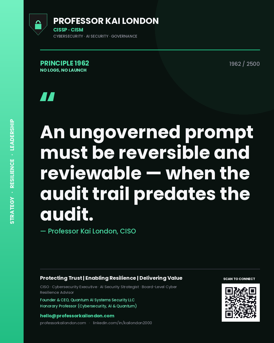 Quote card by Professor Kai London reading 'An ungoverned prompt must be reversible and reviewable — when the audit trail predates the audit.'. From the book No Logs, No Launch.