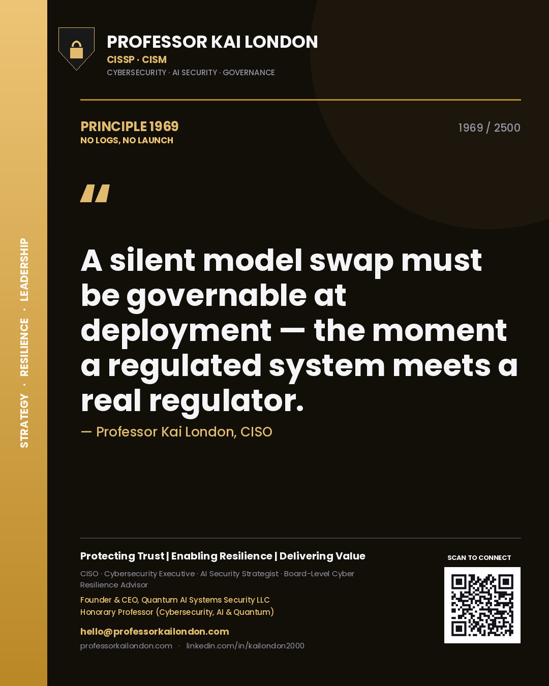 Quote card by Professor Kai London reading 'A silent model swap must be governable at deployment — the moment a regulated system meets a real regulator.'. From the book No Logs, No Launch.