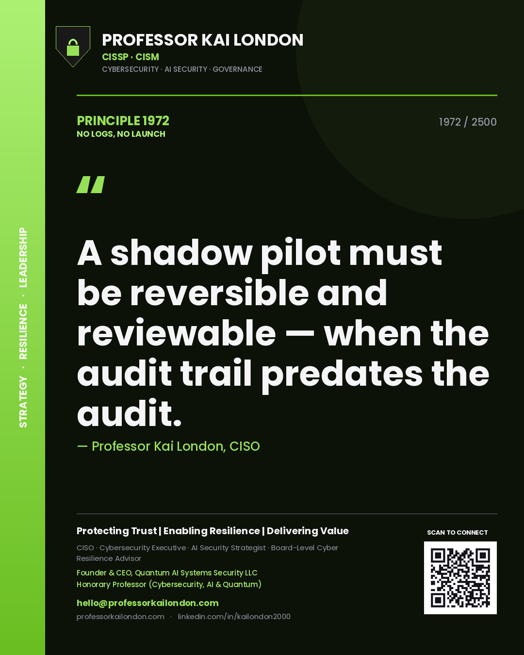 Professor Kai London principle 1972: A shadow pilot must be reversible and reviewable — when the audit trail predates the audit.