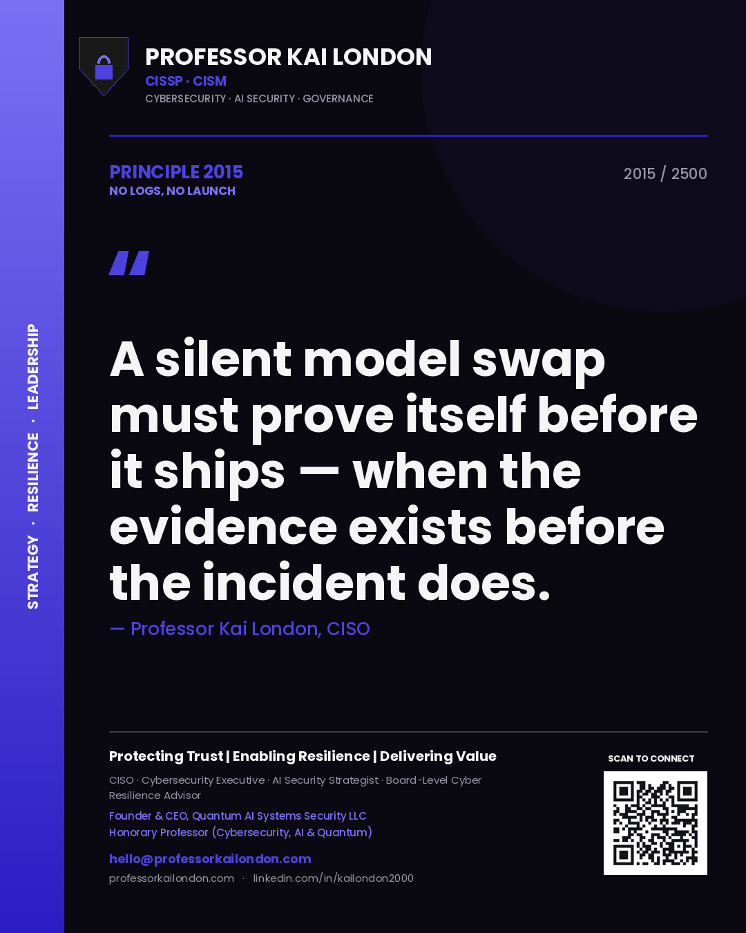 Quote card by Professor Kai London reading 'A silent model swap must prove itself before it ships — when the evidence exists before the incident does.'. From the book No Logs, No Launch.