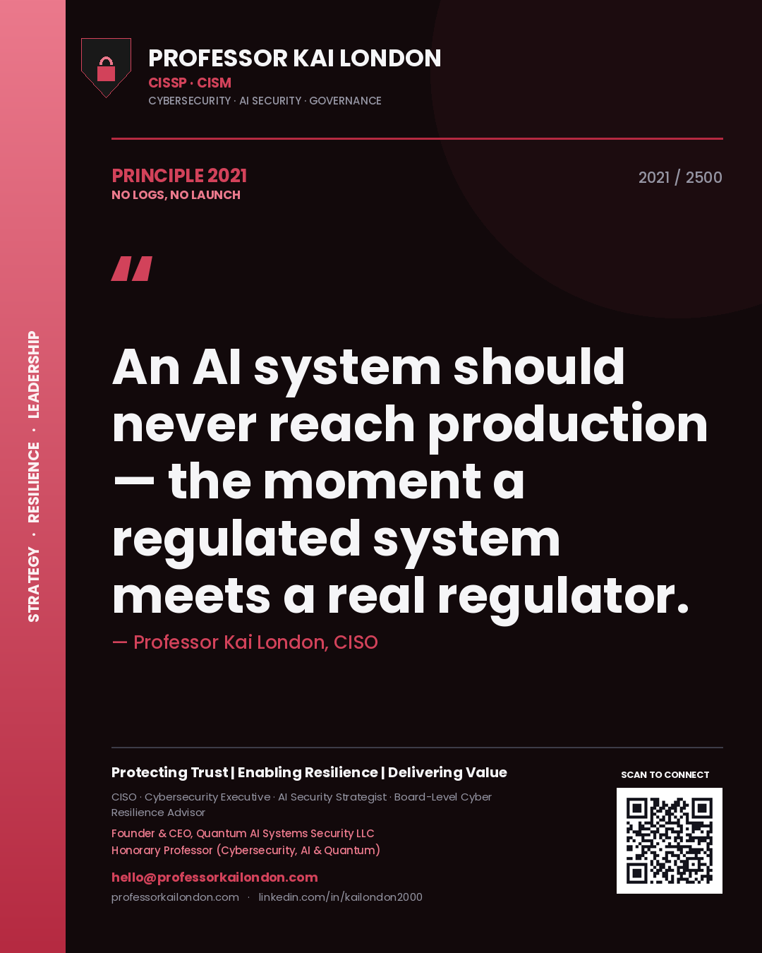 Professor Kai London principle 2021: An AI system should never reach production — the moment a regulated system meets a real regulator.