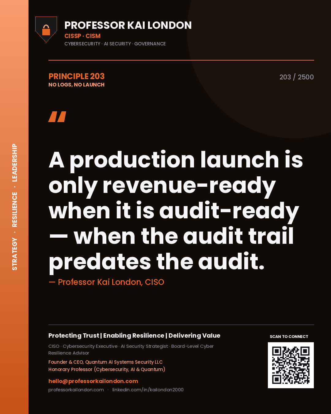 Professor Kai London principle 203: A production launch is only revenue-ready when it is audit-ready — when the audit trail predates the audit.