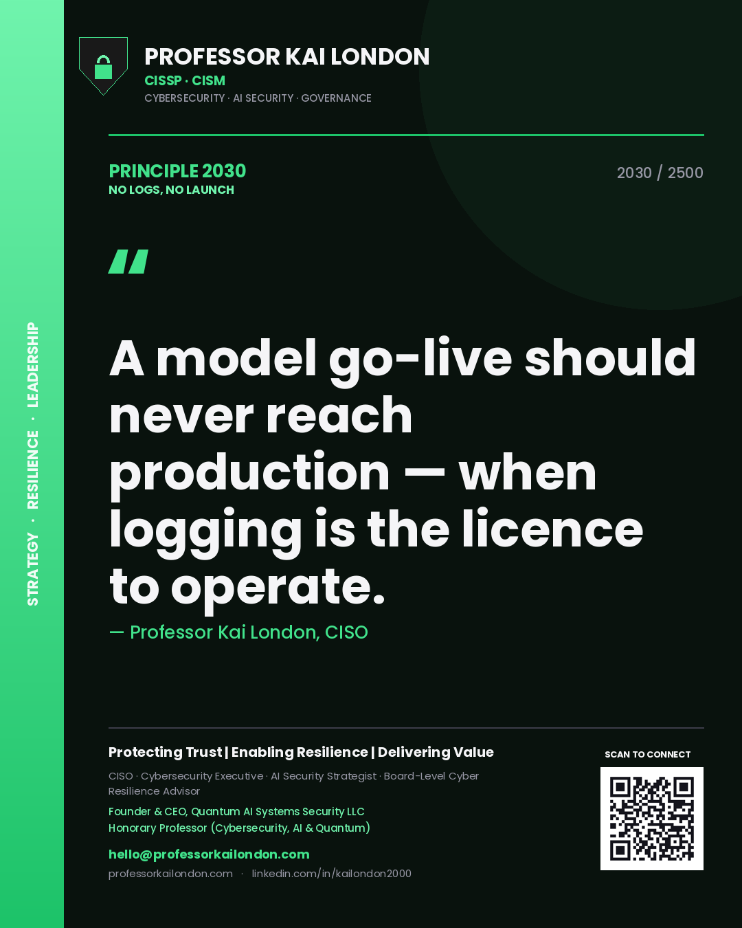 Professor Kai London principle 2030: A model go-live should never reach production — when logging is the licence to operate.