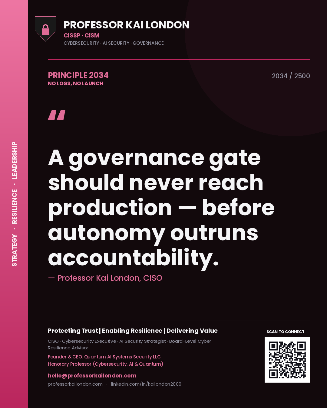 Professor Kai London principle 2034: A governance gate should never reach production — before autonomy outruns accountability.