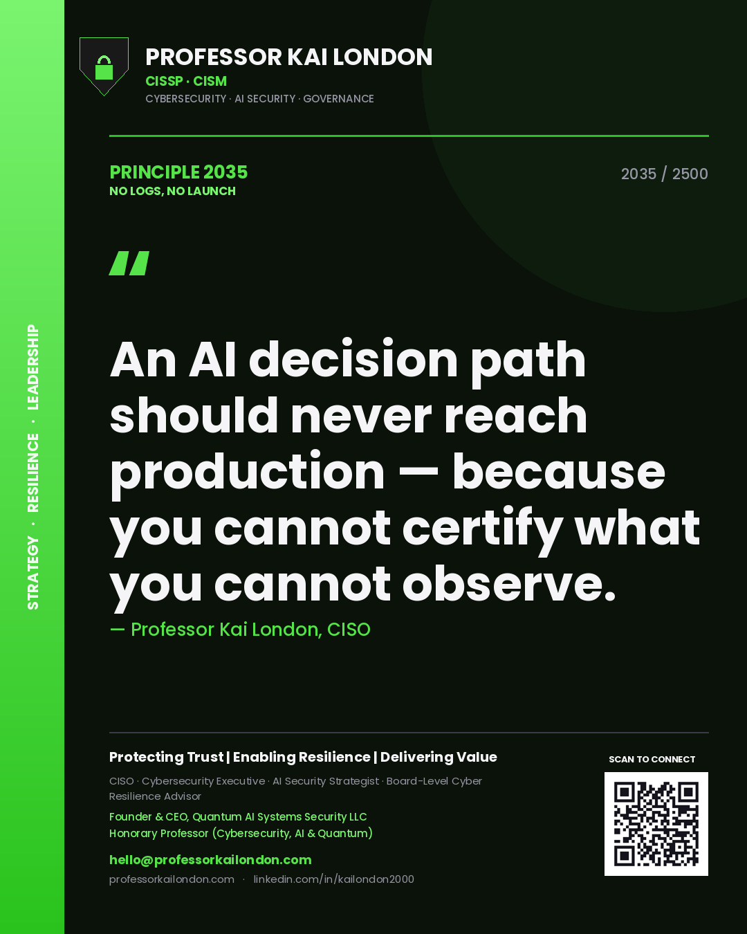 Quote card by Professor Kai London reading 'An AI decision path should never reach production — because you cannot certify what you cannot observe.'. From the book No Logs, No Launch.