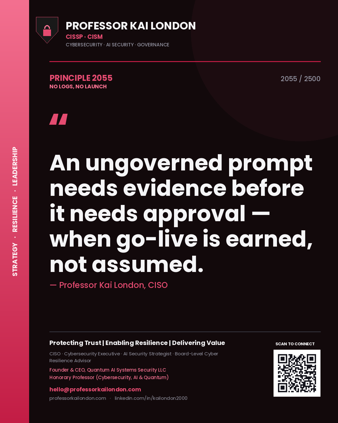 Professor Kai London principle 2055: An ungoverned prompt needs evidence before it needs approval — when go-live is earned, not assumed.