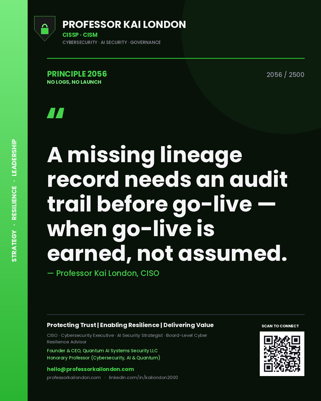 Professor Kai London principle 2056: A missing lineage record needs an audit trail before go-live — when go-live is earned, not assumed.