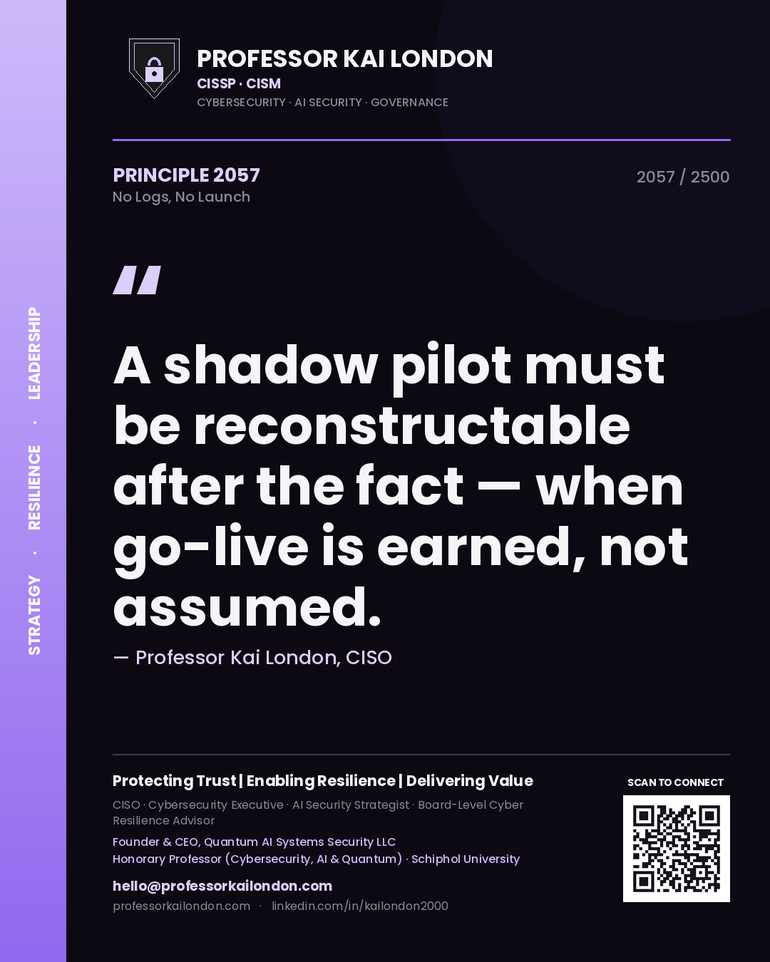 Professor Kai London principle 2057: A shadow pilot must be reconstructable after the fact — when go-live is earned, not assumed.