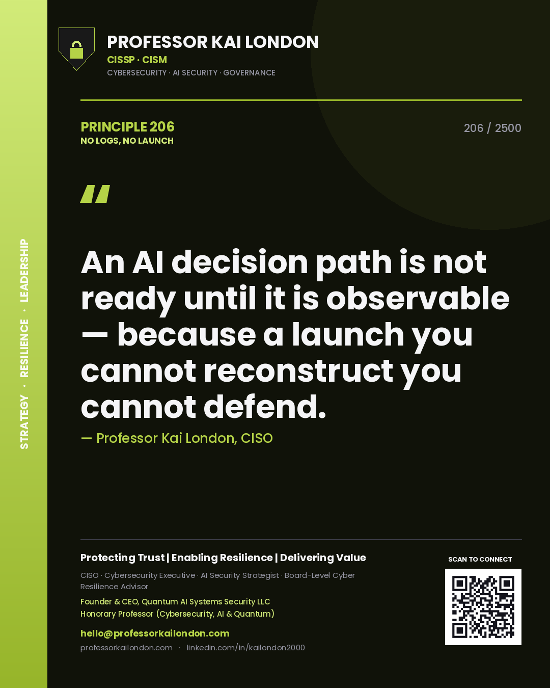 Professor Kai London principle 206: An AI decision path is not ready until it is observable — because a launch you cannot reconstruct you cannot defend.