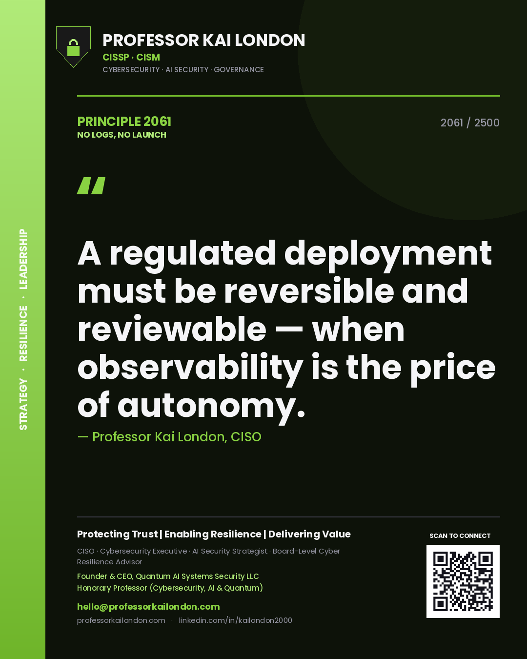 Professor Kai London principle 2061: A regulated deployment must be reversible and reviewable — when observability is the price of autonomy.