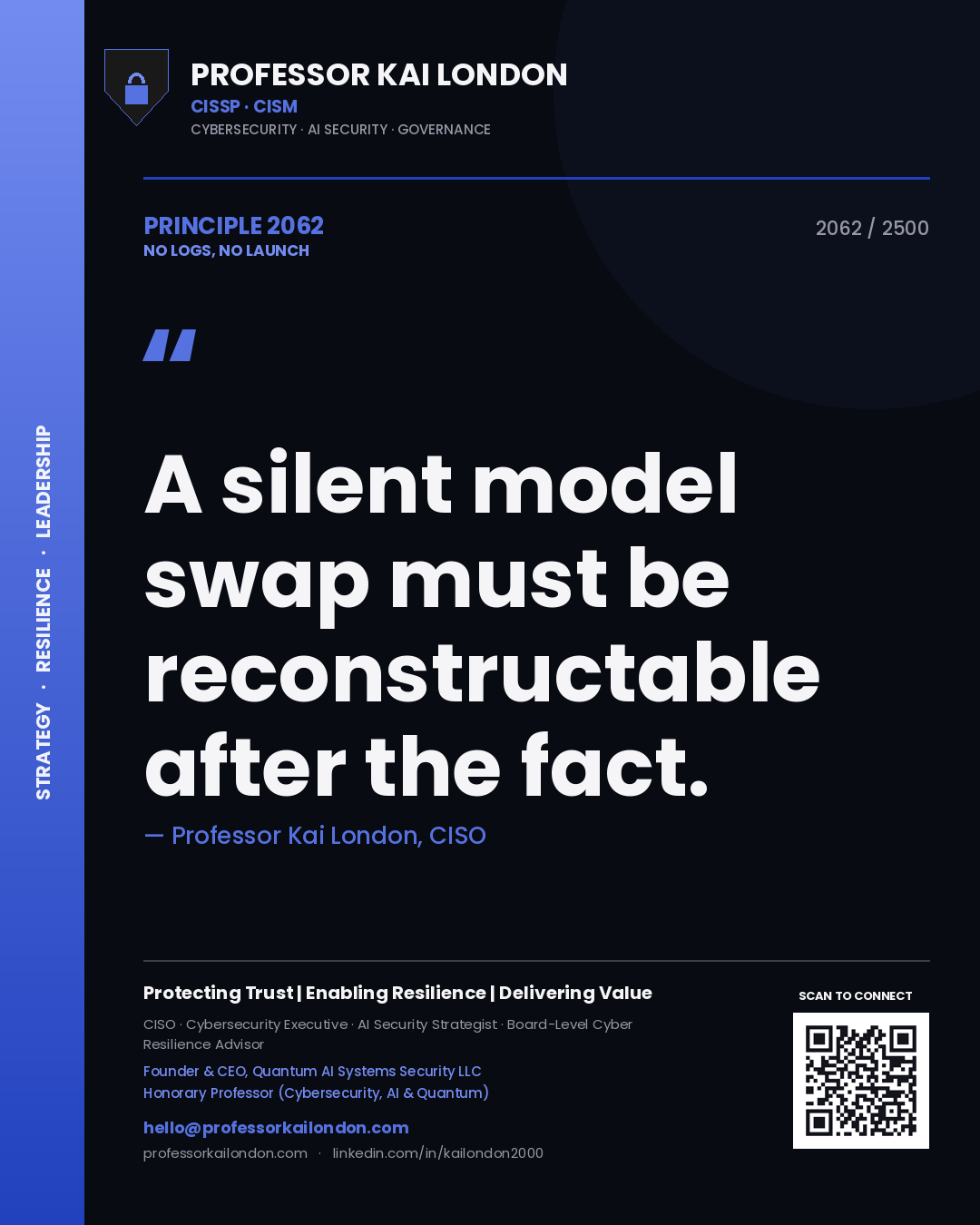 Quote card by Professor Kai London reading 'A silent model swap must be reconstructable after the fact.'. From the book No Logs, No Launch.