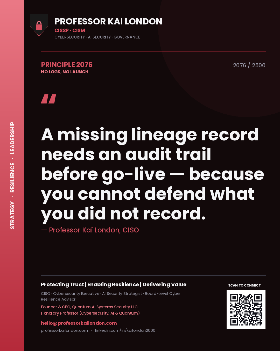 Quote card by Professor Kai London reading 'A missing lineage record needs an audit trail before go-live — because you cannot defend what you did not record.'. From the book No Logs, No Launch.