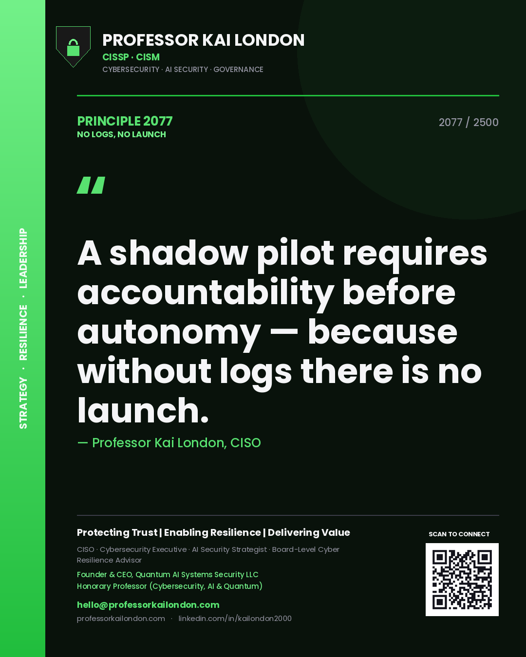 Quote card by Professor Kai London reading 'A shadow pilot requires accountability before autonomy — because without logs there is no launch.'. From the book No Logs, No Launch.
