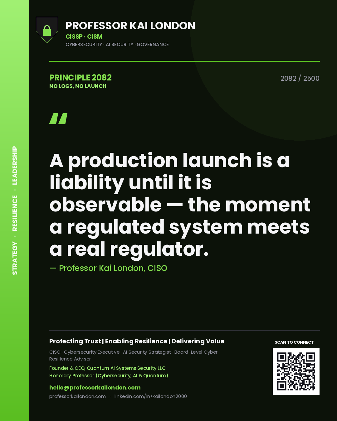 Professor Kai London principle 2082: A production launch is a liability until it is observable — the moment a regulated system meets a real regulator.