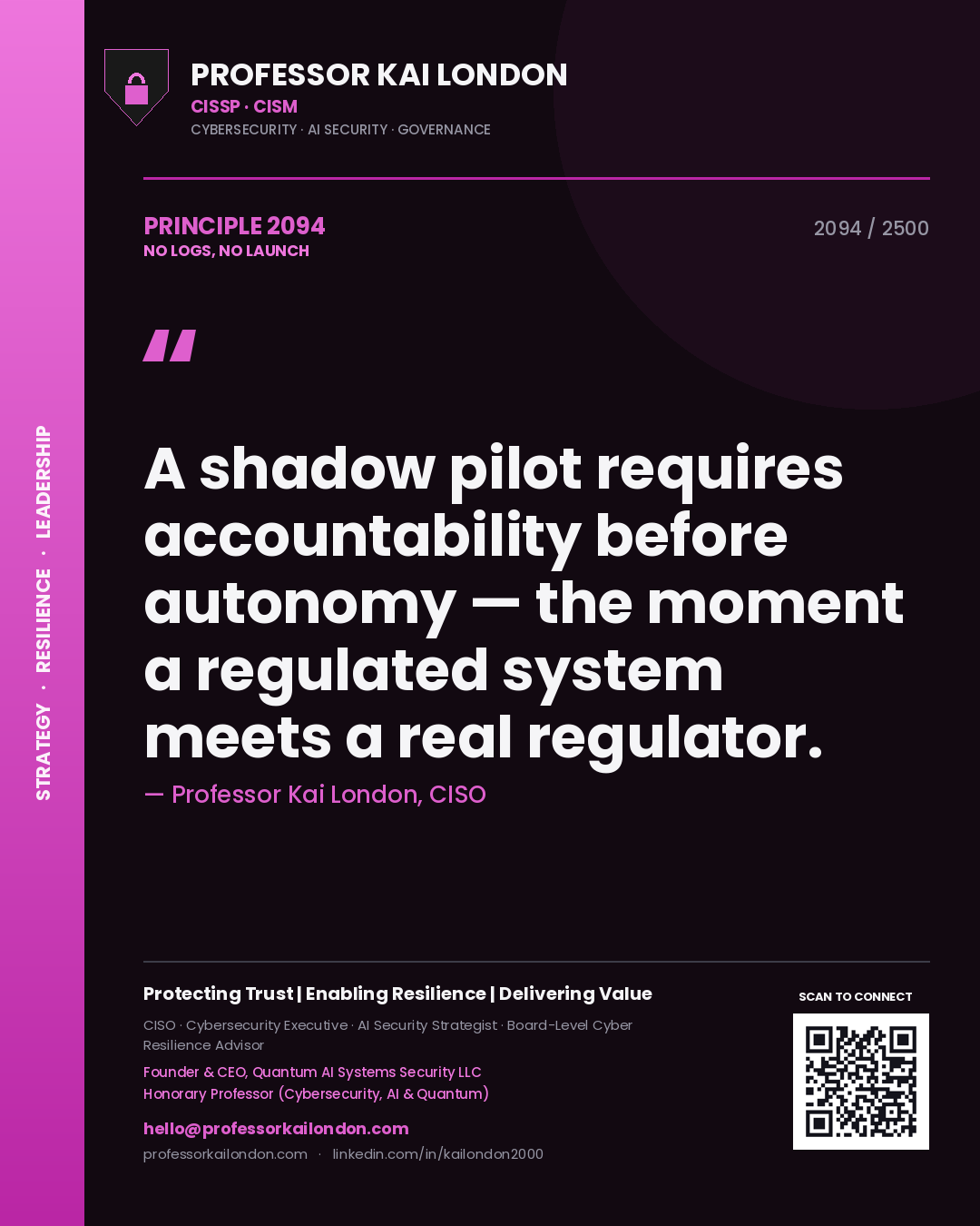 Professor Kai London principle 2094: A shadow pilot requires accountability before autonomy — the moment a regulated system meets a real regulator.