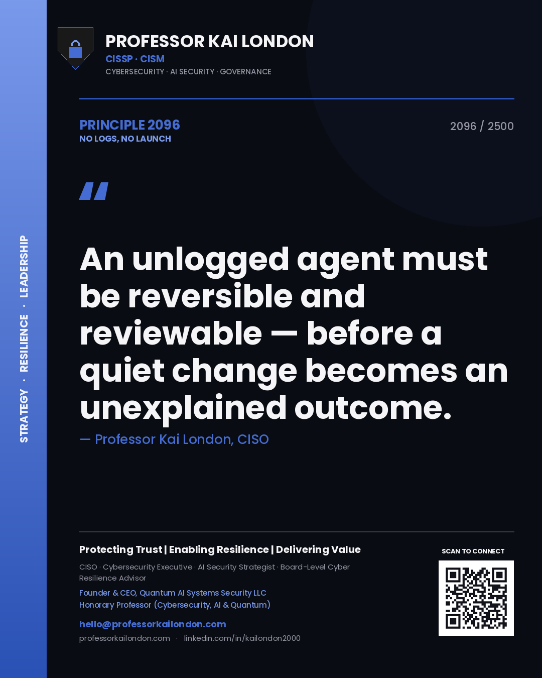 Professor Kai London principle 2096: An unlogged agent must be reversible and reviewable — before a quiet change becomes an unexplained outcome.