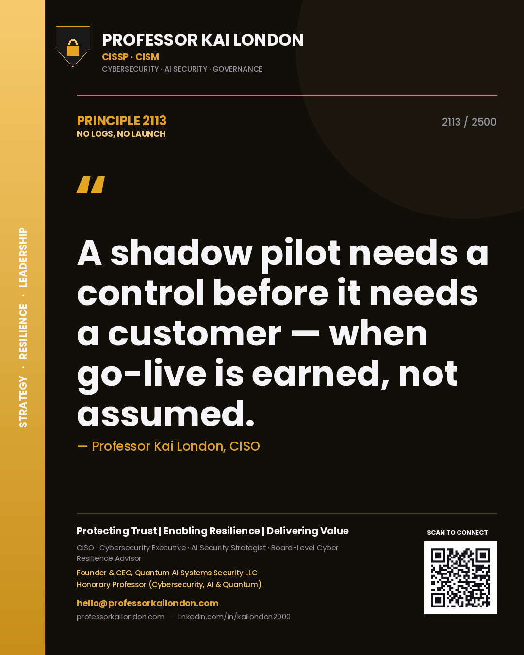 Quote card by Professor Kai London reading 'A shadow pilot needs a control before it needs a customer — when go-live is earned, not assumed.'. From the book No Logs, No Launch.