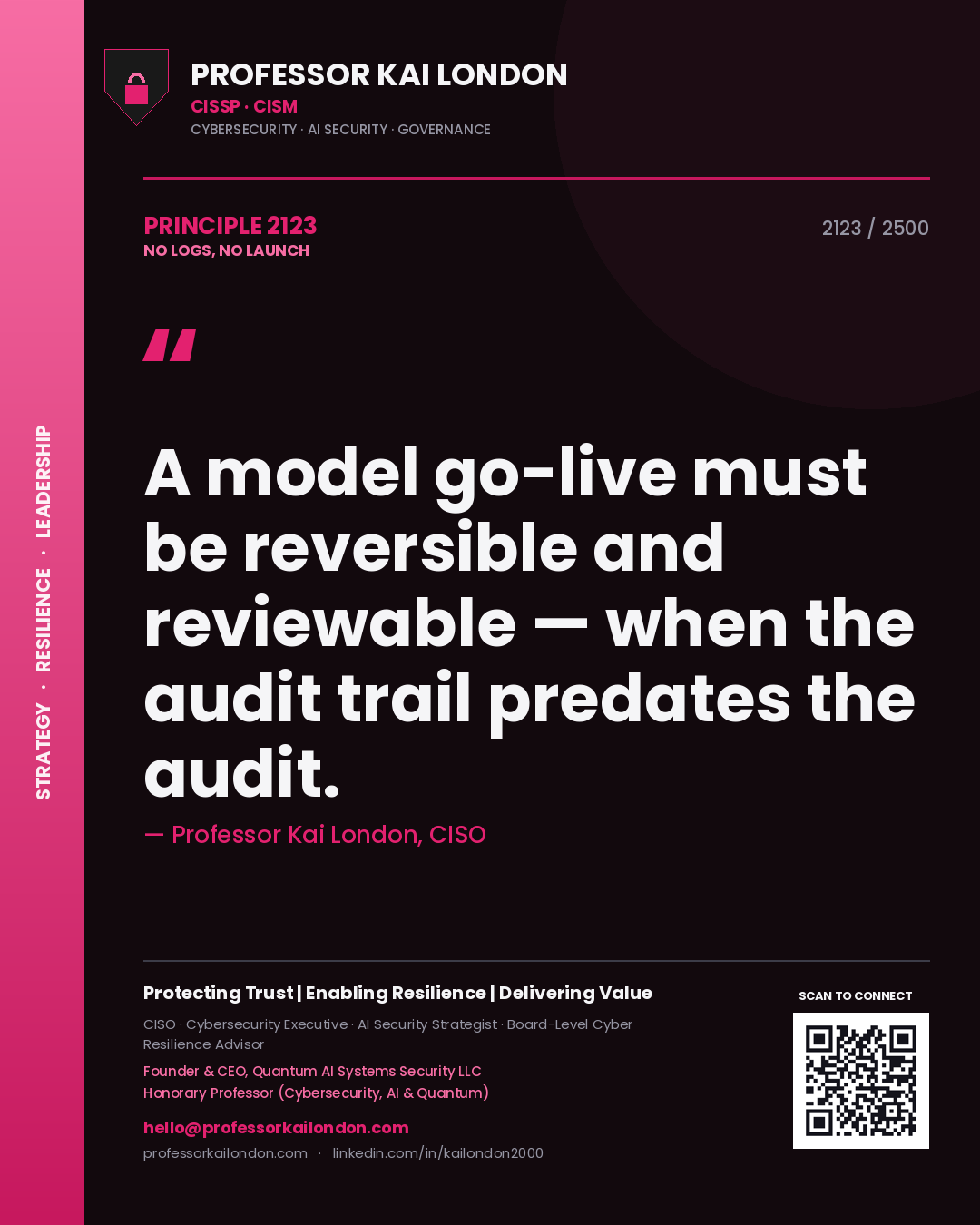 Quote card by Professor Kai London reading 'A model go-live must be reversible and reviewable — when the audit trail predates the audit.'. From the book No Logs, No Launch.