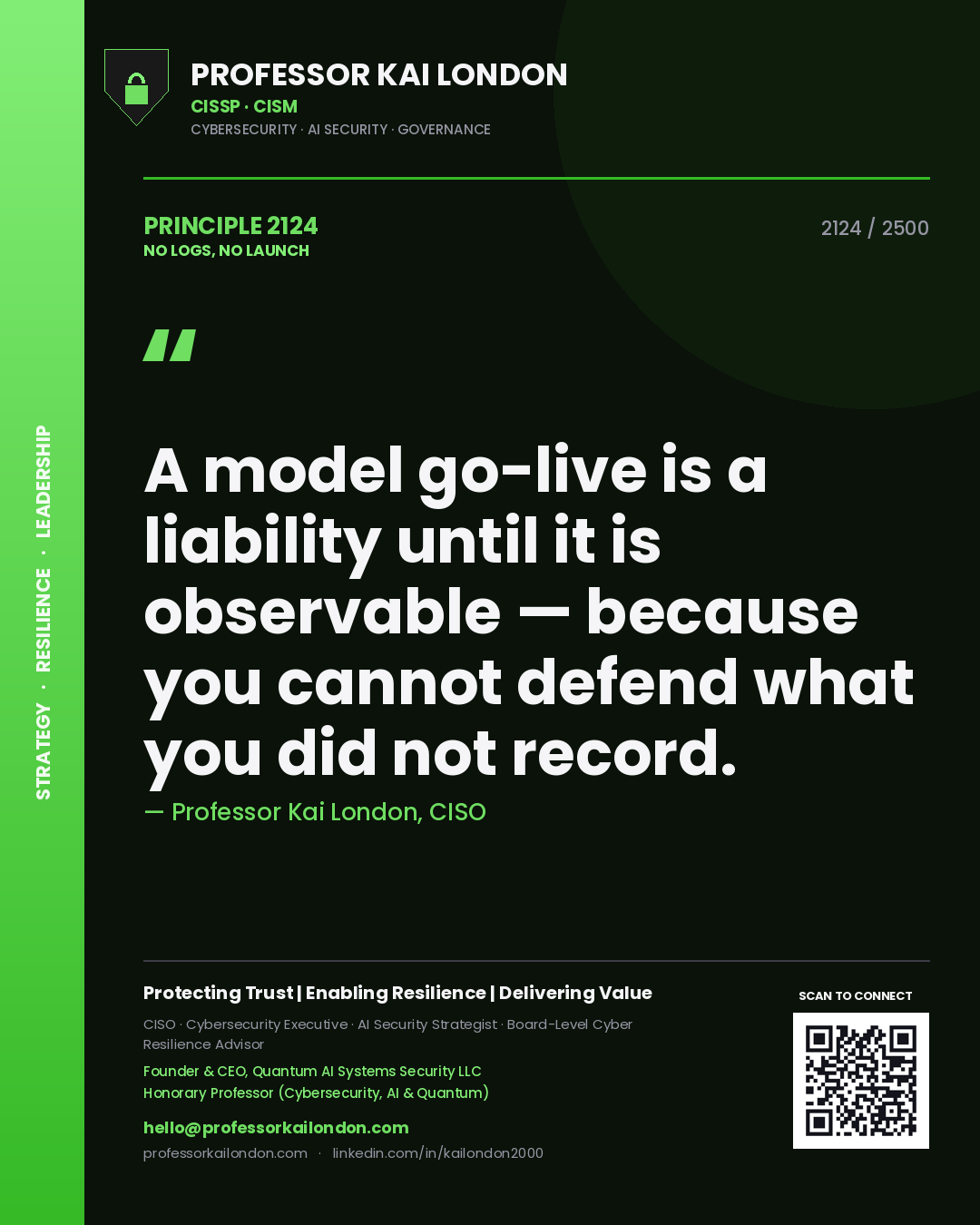 Quote card by Professor Kai London reading 'A model go-live is a liability until it is observable — because you cannot defend what you did not record.'. From the book No Logs, No Launch.