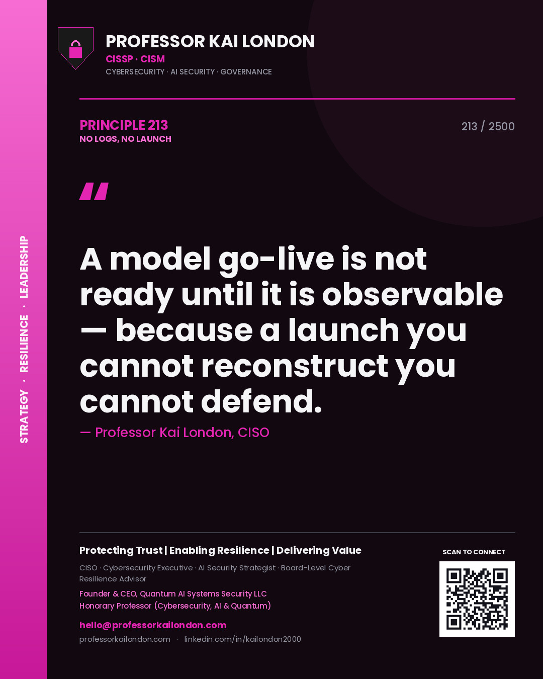Professor Kai London principle 213: A model go-live is not ready until it is observable — because a launch you cannot reconstruct you cannot defend.