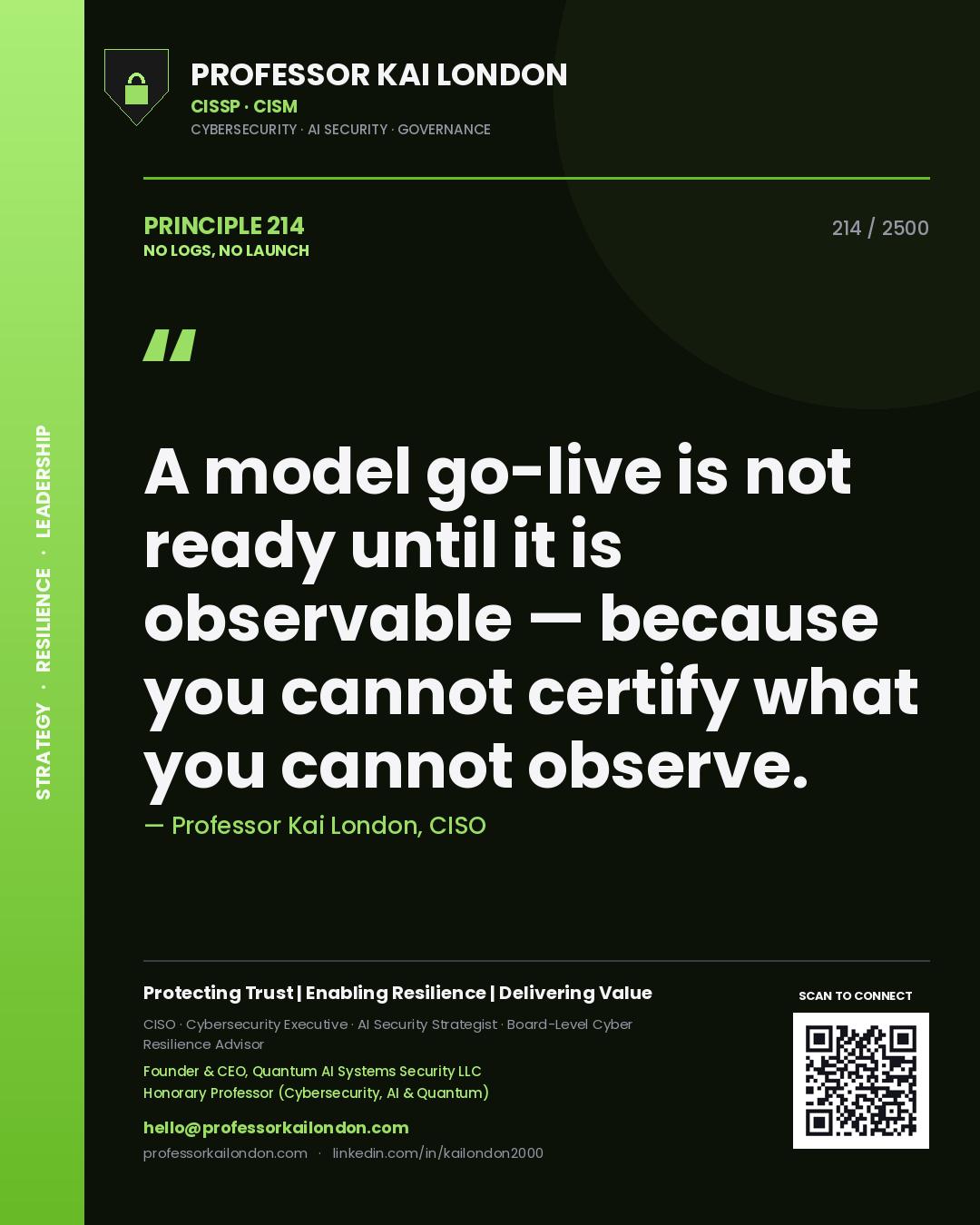 Quote card by Professor Kai London reading 'A model go-live is not ready until it is observable — because you cannot certify what you cannot observe.'. From the book No Logs, No Launch.