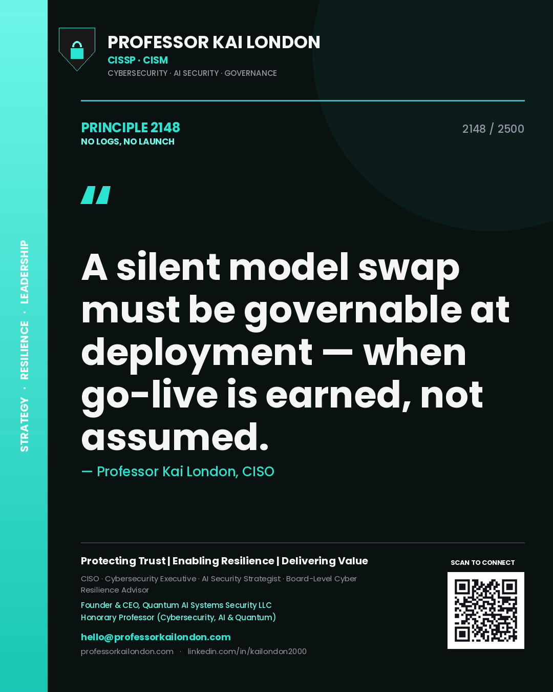 Professor Kai London principle 2148: A silent model swap must be governable at deployment — when go-live is earned, not assumed.
