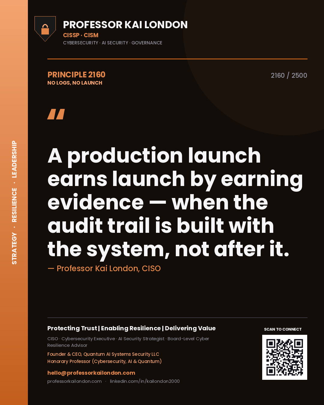 Professor Kai London principle 2160: A production launch earns launch by earning evidence — when the audit trail is built with the system, not after it.