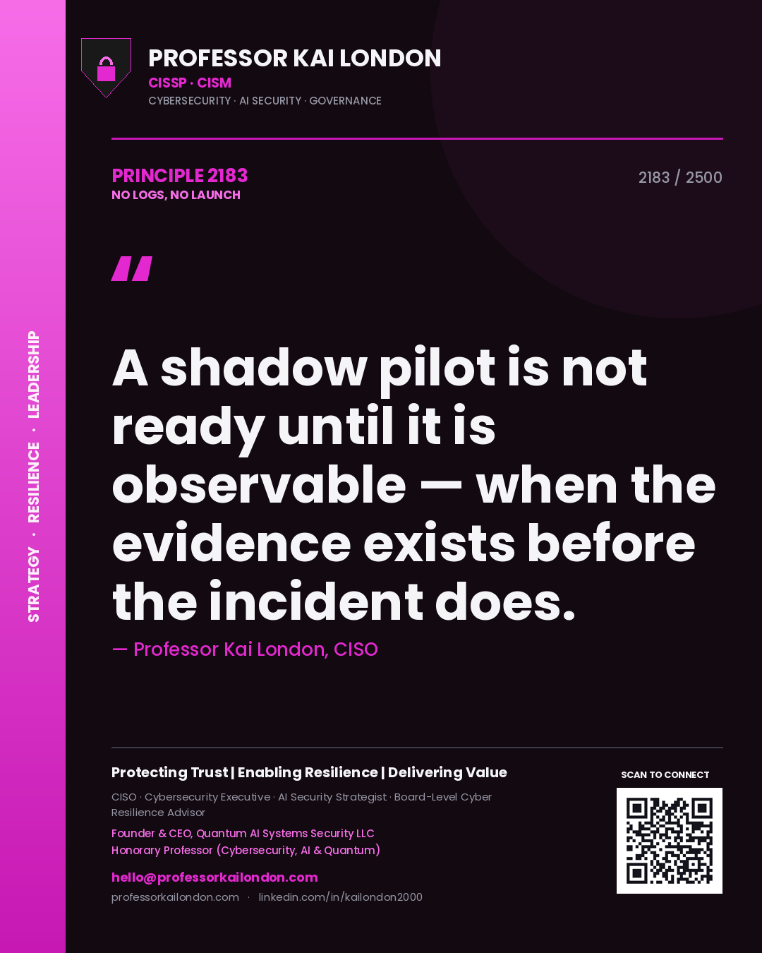 Quote card by Professor Kai London reading 'A shadow pilot is not ready until it is observable — when the evidence exists before the incident does.'. From the book No Logs, No Launch.