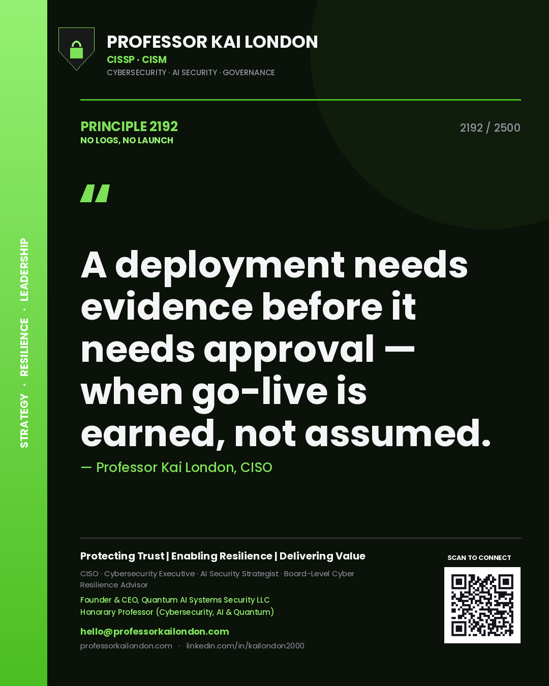 Professor Kai London principle 2192: A deployment needs evidence before it needs approval — when go-live is earned, not assumed.
