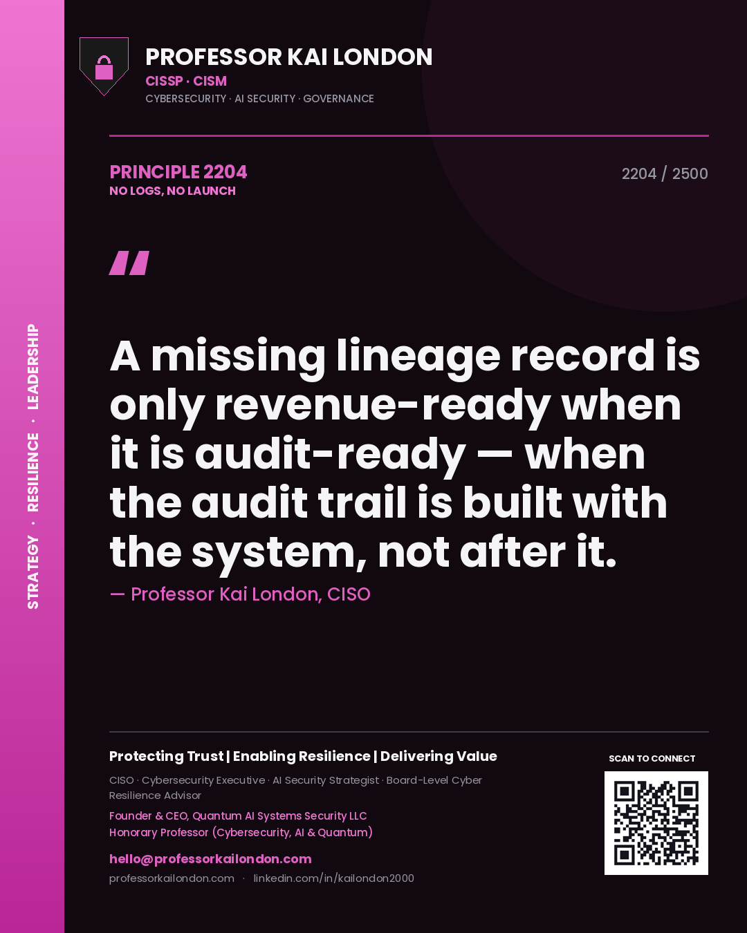 Professor Kai London principle 2204: A missing lineage record is only revenue-ready when it is audit-ready — when the audit trail is built with the system, not after it.