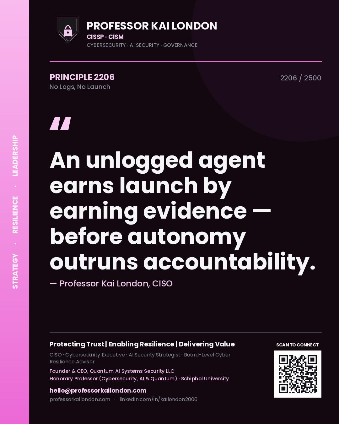 Professor Kai London principle 2206: An unlogged agent earns launch by earning evidence — before autonomy outruns accountability.