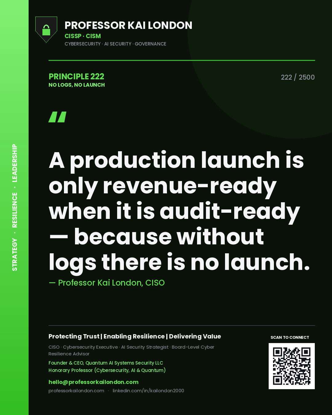 Professor Kai London principle 222: A production launch is only revenue-ready when it is audit-ready — because without logs there is no launch.