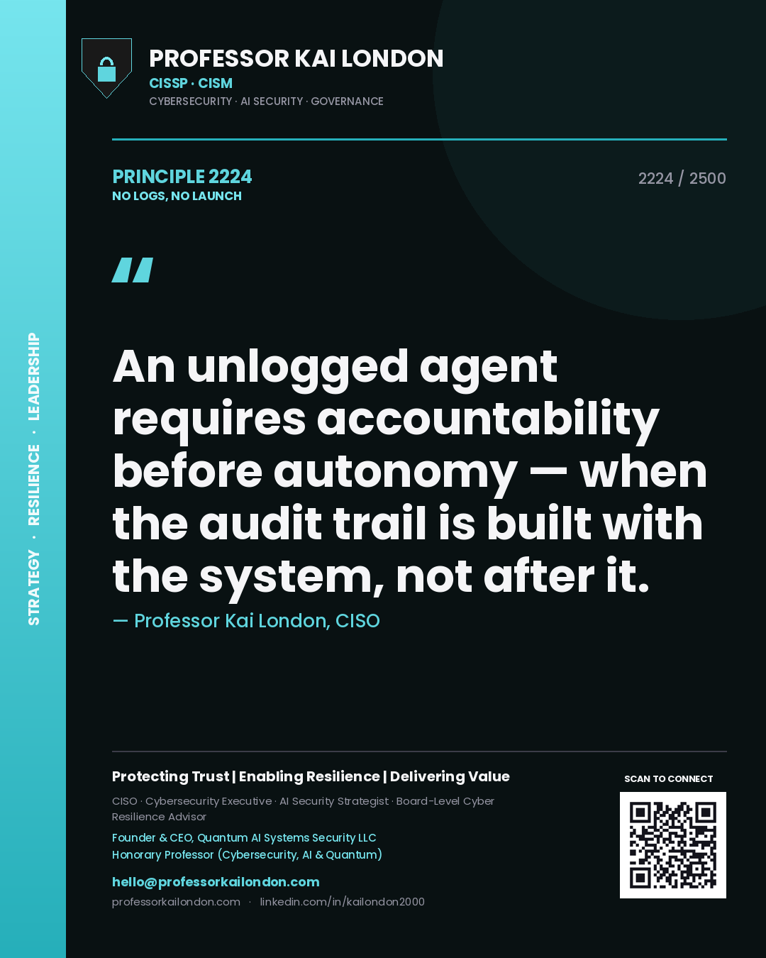 Professor Kai London principle 2224: An unlogged agent requires accountability before autonomy — when the audit trail is built with the system, not after it.