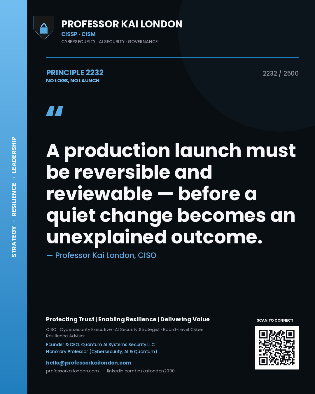 Quote card by Professor Kai London reading 'A production launch must be reversible and reviewable — before a quiet change becomes an unexplained outcome.'. From the book No Logs, No Launch.