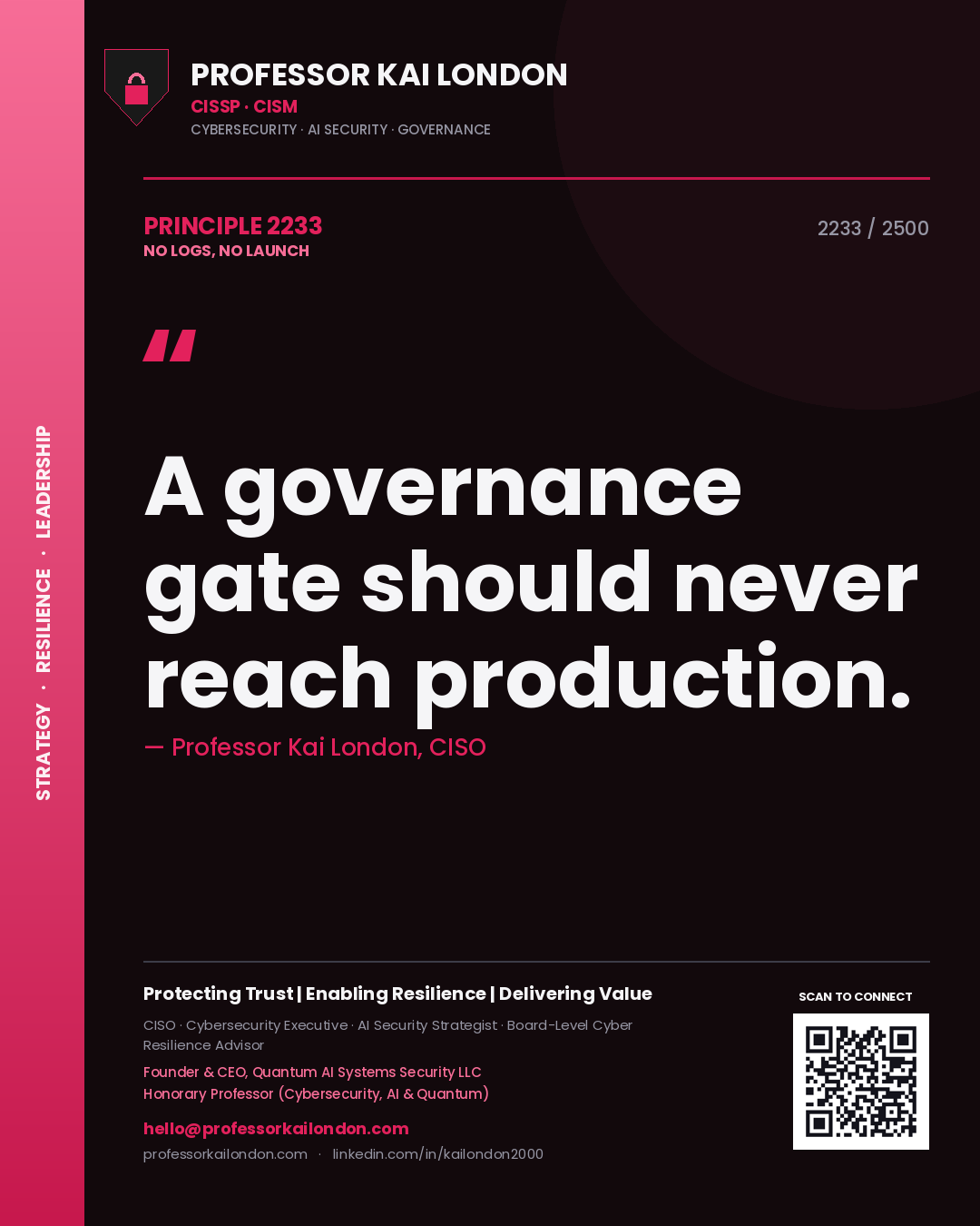 Quote card by Professor Kai London reading 'A governance gate should never reach production.'. From the book No Logs, No Launch.