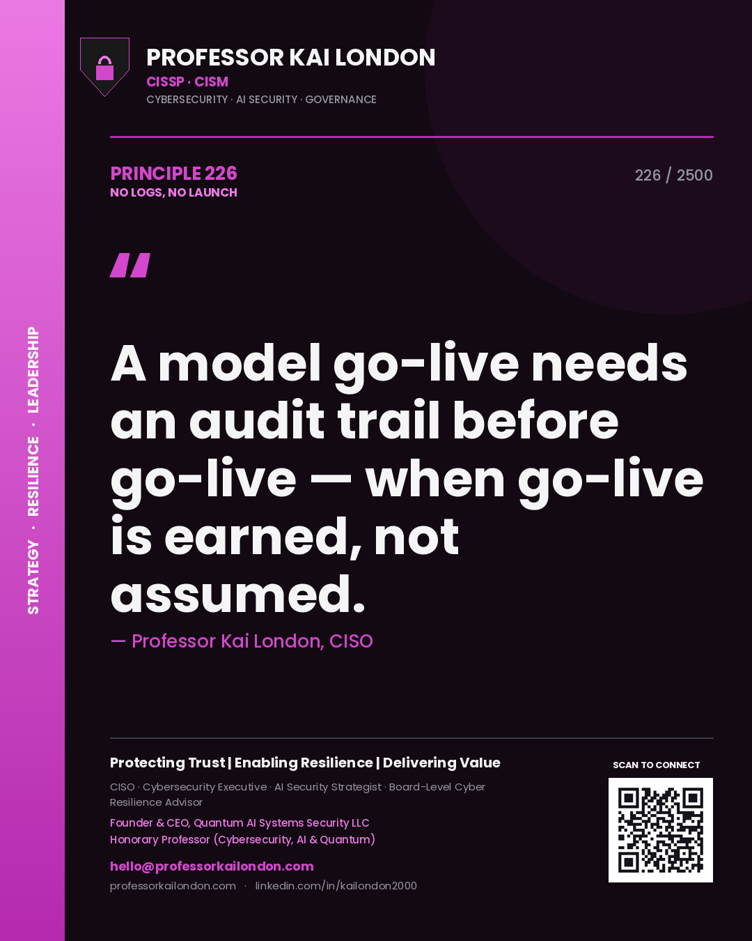 Professor Kai London principle 226: A model go-live needs an audit trail before go-live — when go-live is earned, not assumed.