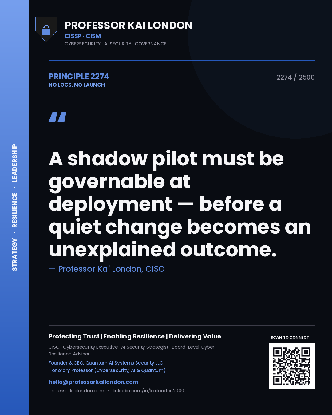 Professor Kai London principle 2274: A shadow pilot must be governable at deployment — before a quiet change becomes an unexplained outcome.