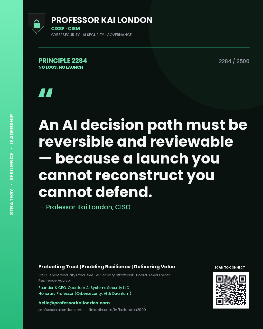 Quote card by Professor Kai London reading 'An AI decision path must be reversible and reviewable — because a launch you cannot reconstruct you cannot defend.'. From the book No Logs, No Launch.