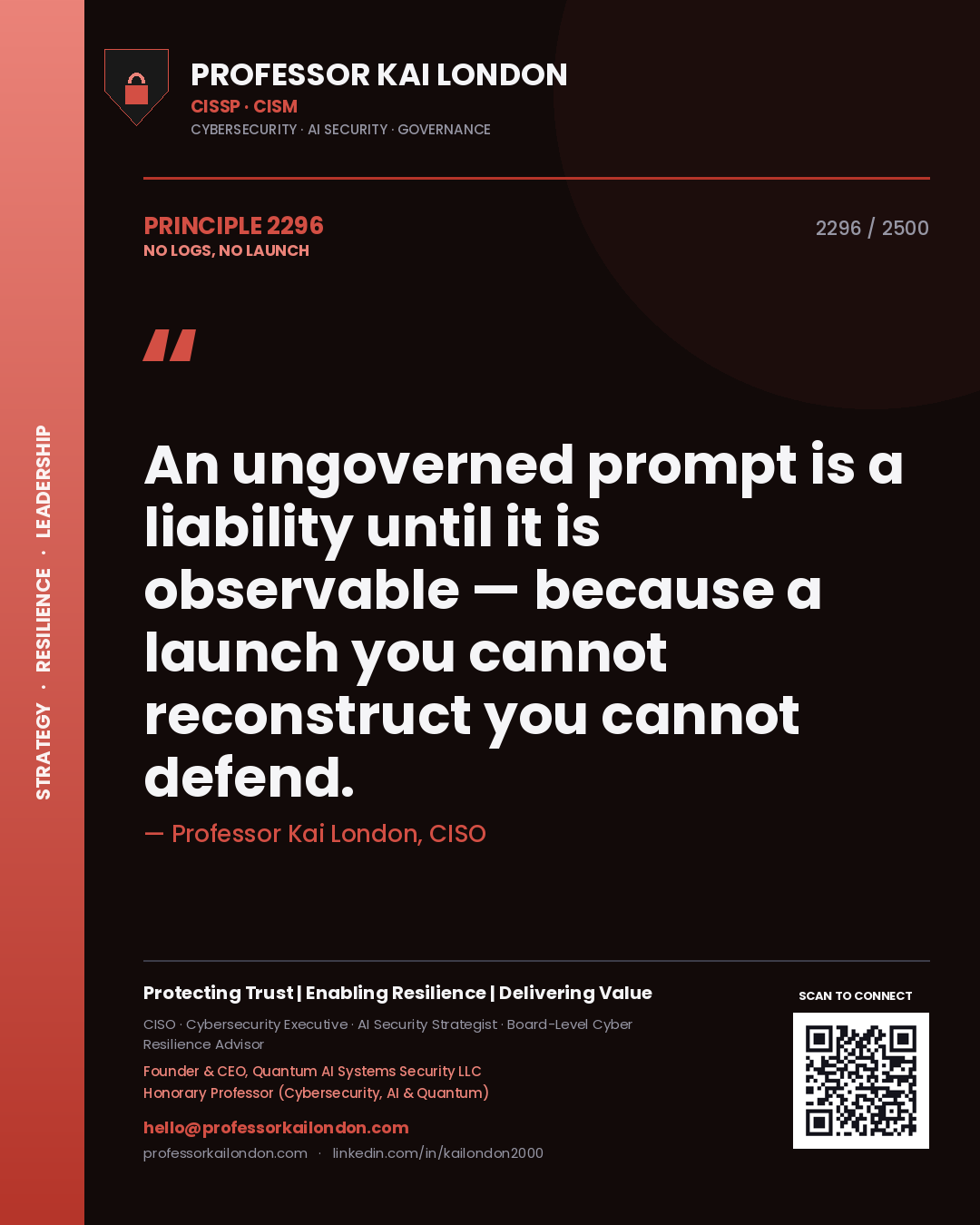 Quote card by Professor Kai London reading 'An ungoverned prompt is a liability until it is observable — because a launch you cannot reconstruct you cannot defend.'. From the book No Logs, No Launch.