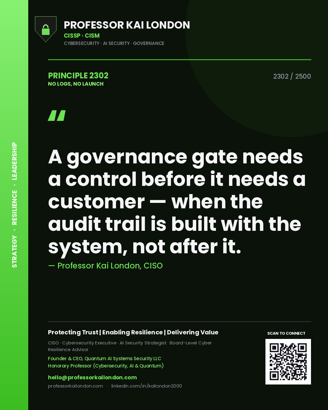 Professor Kai London principle 2302: A governance gate needs a control before it needs a customer — when the audit trail is built with the system, not after it.