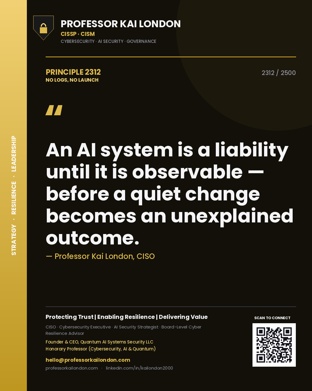 Professor Kai London principle 2312: An AI system is a liability until it is observable — before a quiet change becomes an unexplained outcome.
