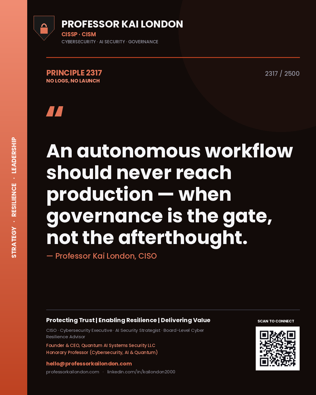 Professor Kai London principle 2317: An autonomous workflow should never reach production — when governance is the gate, not the afterthought.